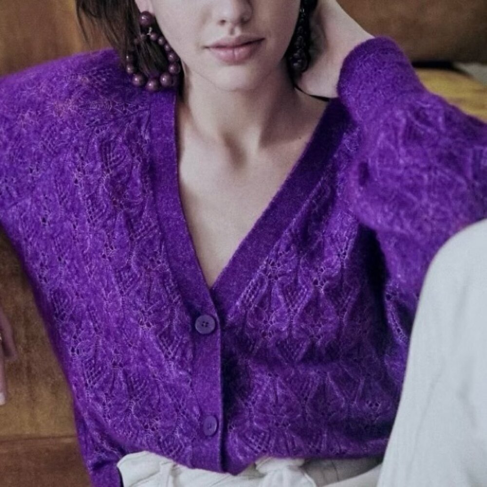 Sezane Marlow Knit Sweater Purple Size XS French Wool Kid Mohair Button V-Neck